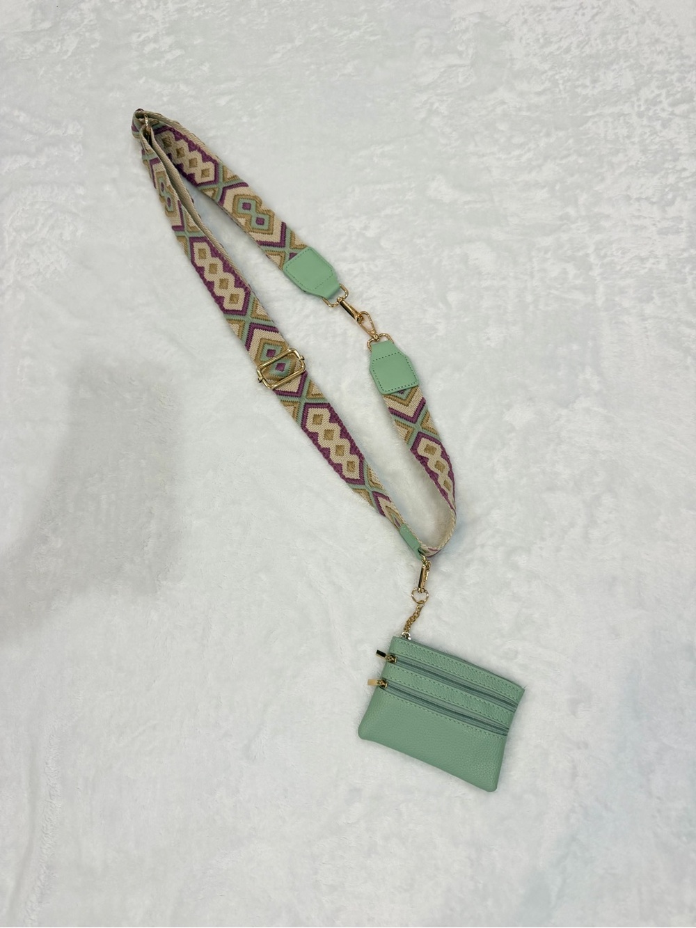 Green/Blue Crossbody Card Pouch with Patterned Strap